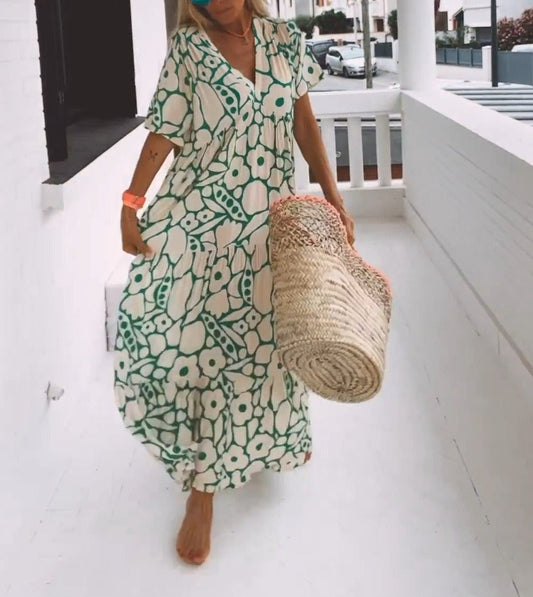 Daisy - Green Short Sleeve Print Maxi Dress