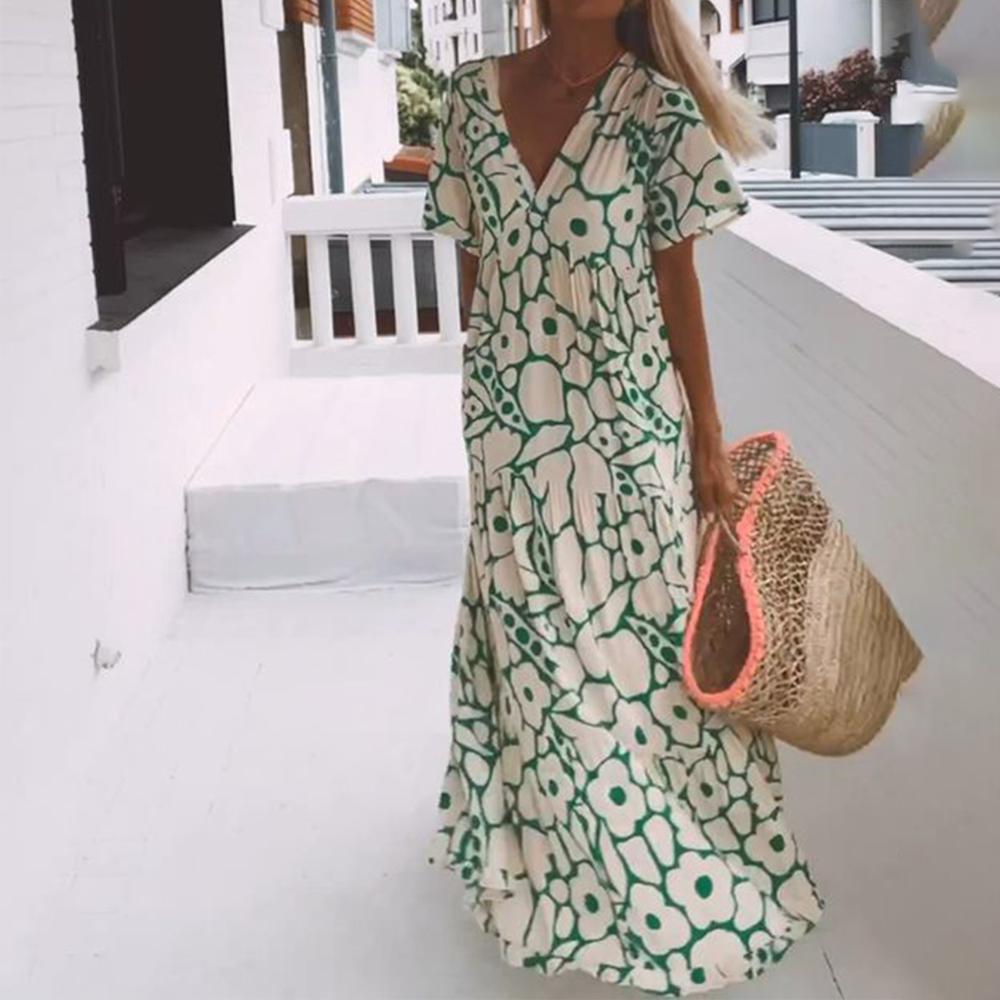 Daisy - Green Short Sleeve Print Maxi Dress
