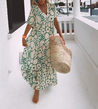 Daisy - Green Short Sleeve Print Maxi Dress