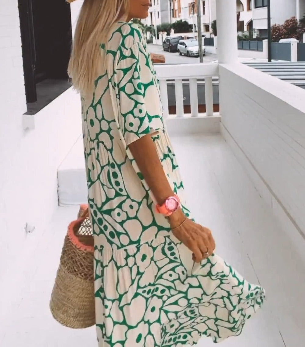 Daisy - Green Short Sleeve Print Maxi Dress