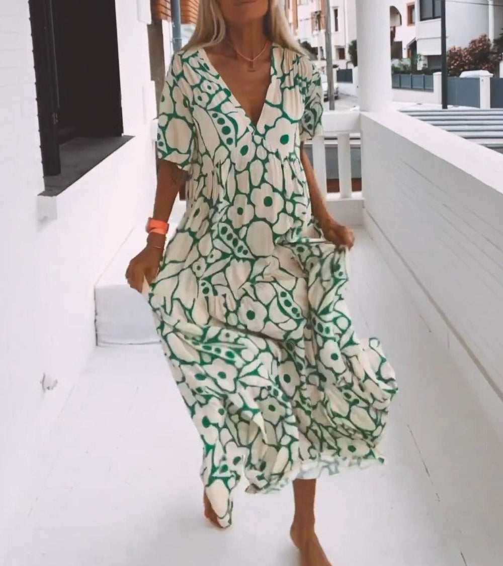 Daisy - Green Short Sleeve Print Maxi Dress