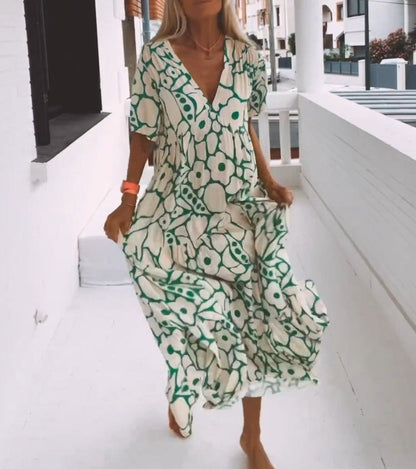 Daisy - Green Short Sleeve Print Maxi Dress