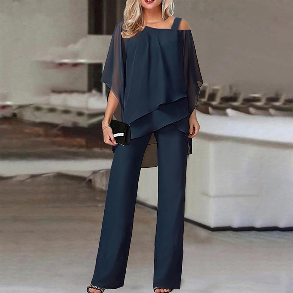 Cristine - Navy Cold Shoulder Top and Pants Two Piece Set