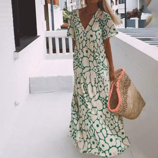Daisy - Green Short Sleeve Print Maxi Dress