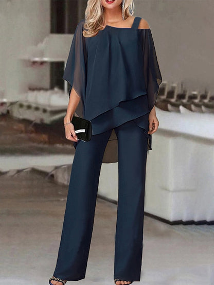 Cristine - Navy Cold Shoulder Top and Pants Two Piece Set
