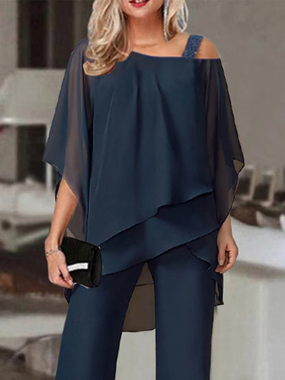 Cristine - Navy Cold Shoulder Top and Pants Two Piece Set